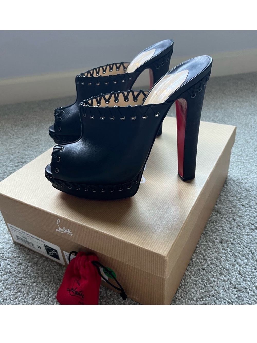 Christian Louboutin Sablina Black Leather Peep-Toe Platform Mules